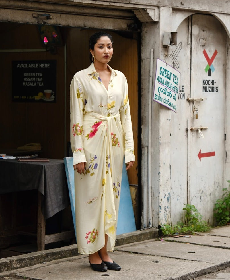Pookkuda Drape Skirt & Shirt Set - Cream
