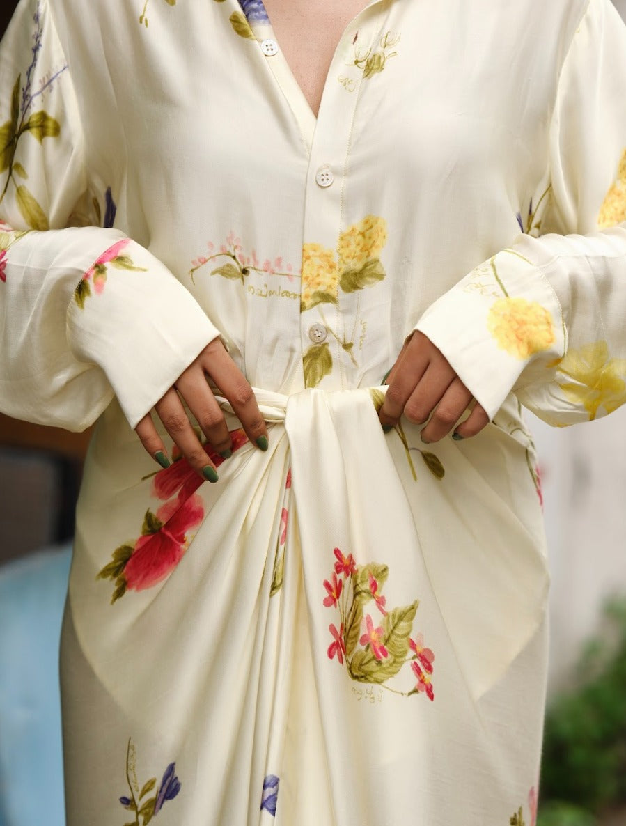 Pookkuda Drape Skirt & Shirt Set - Cream