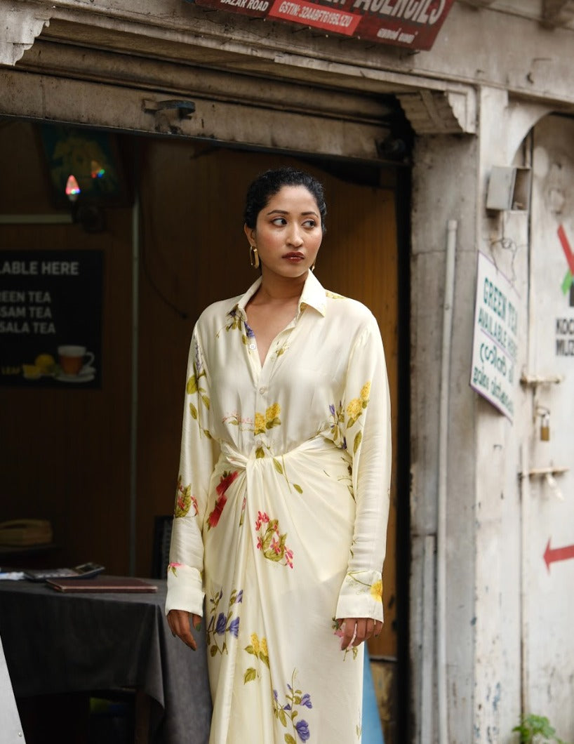 Pookkuda Drape Skirt & Shirt Set - Cream