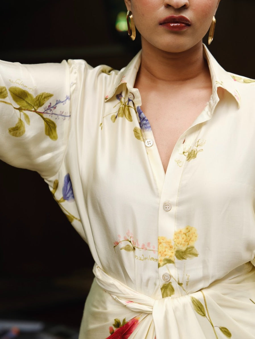 Pookkuda Drape Skirt & Shirt Set - Cream