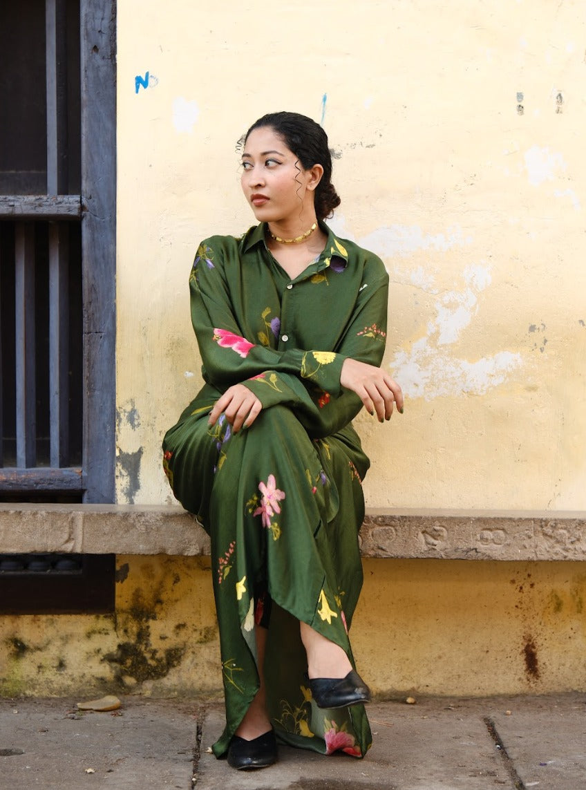 Pookkuda Drape Skirt & Shirt Set - Green