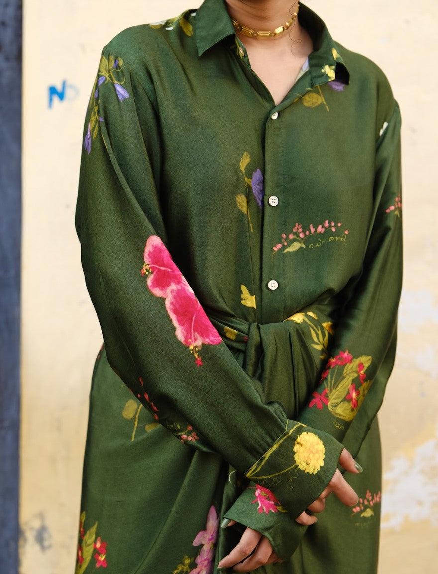 Pookkuda Drape Skirt & Shirt Set - Green