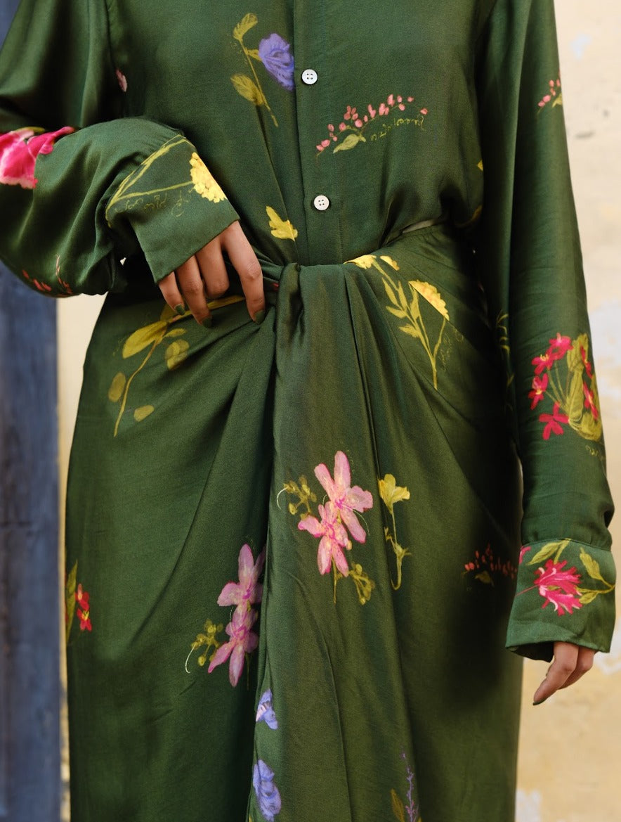 Pookkuda Drape Skirt & Shirt Set - Green